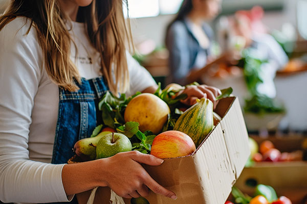 A woman picks up free fresh food and produce distributed at a food bank.