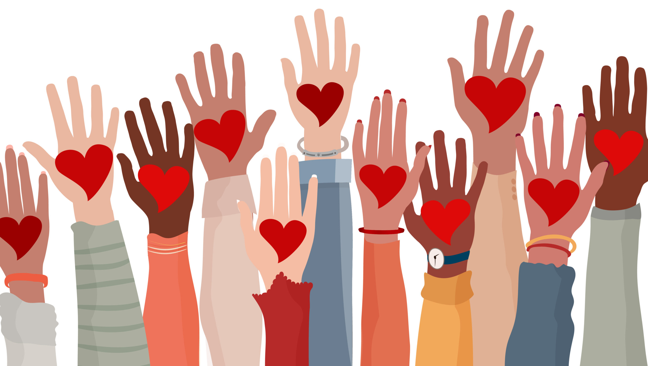 Raised hands illustrations with hearts on them. All donor contributions matter!